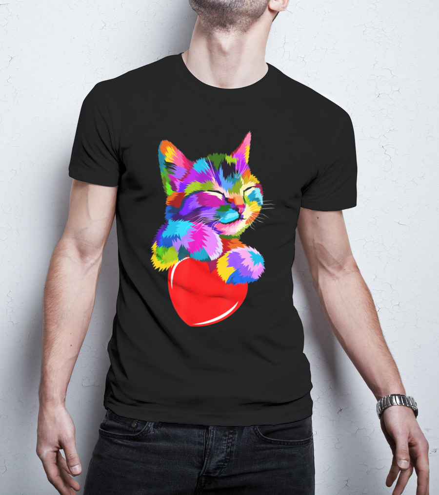 This Valentines My Cat Holds My Heart Colorful Kitten With Red Heart T-Shirt