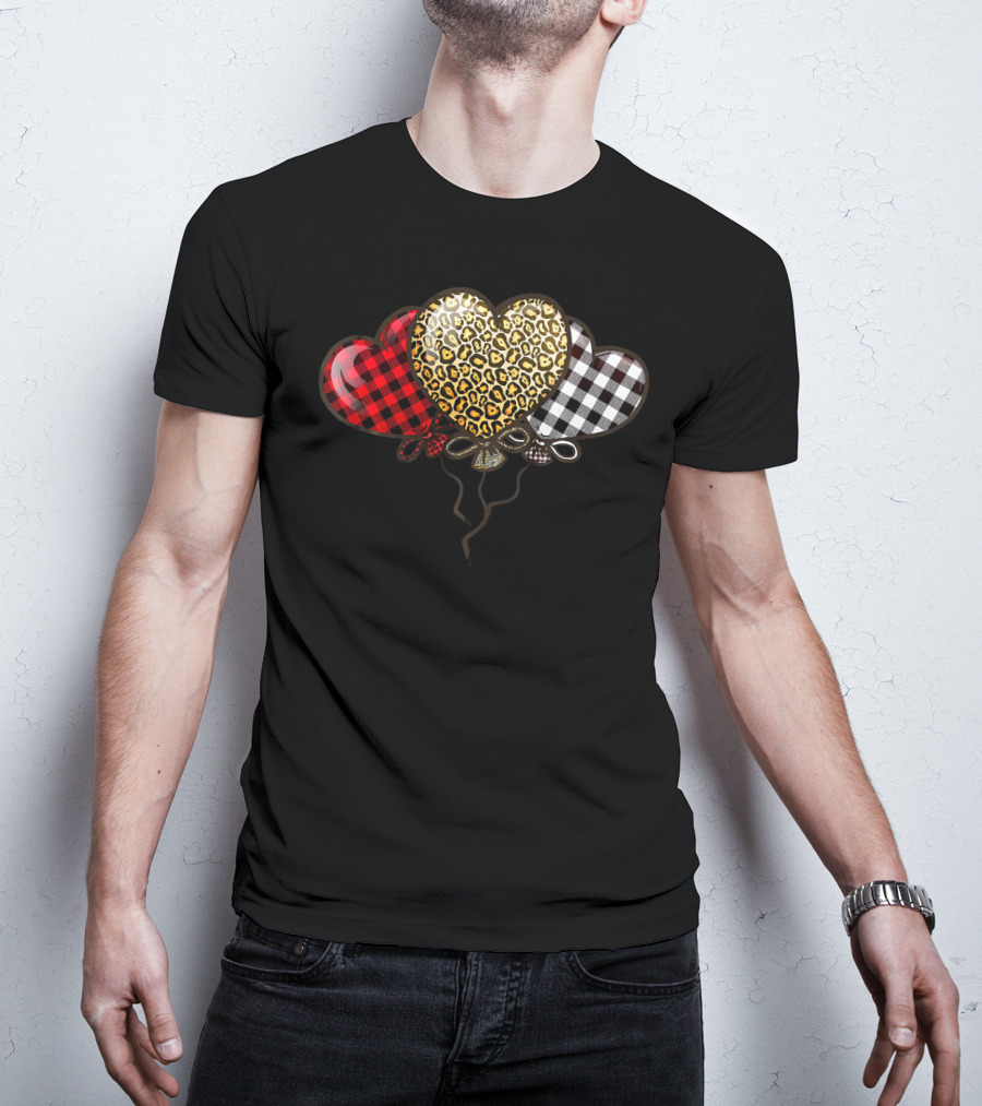 Three Balloons Hearts Buffalo Plaid Leopard T-Shirt