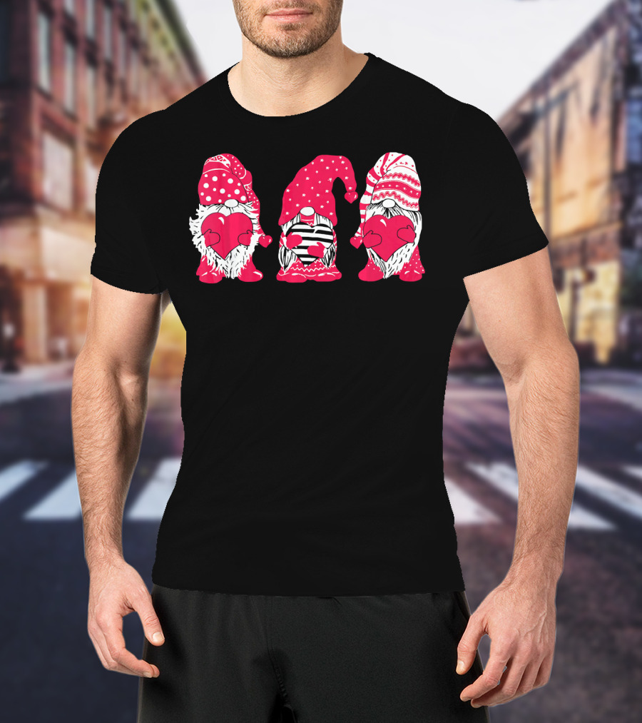Three Pink Gnomes Holding Love Hearts Valentine T-Shirt