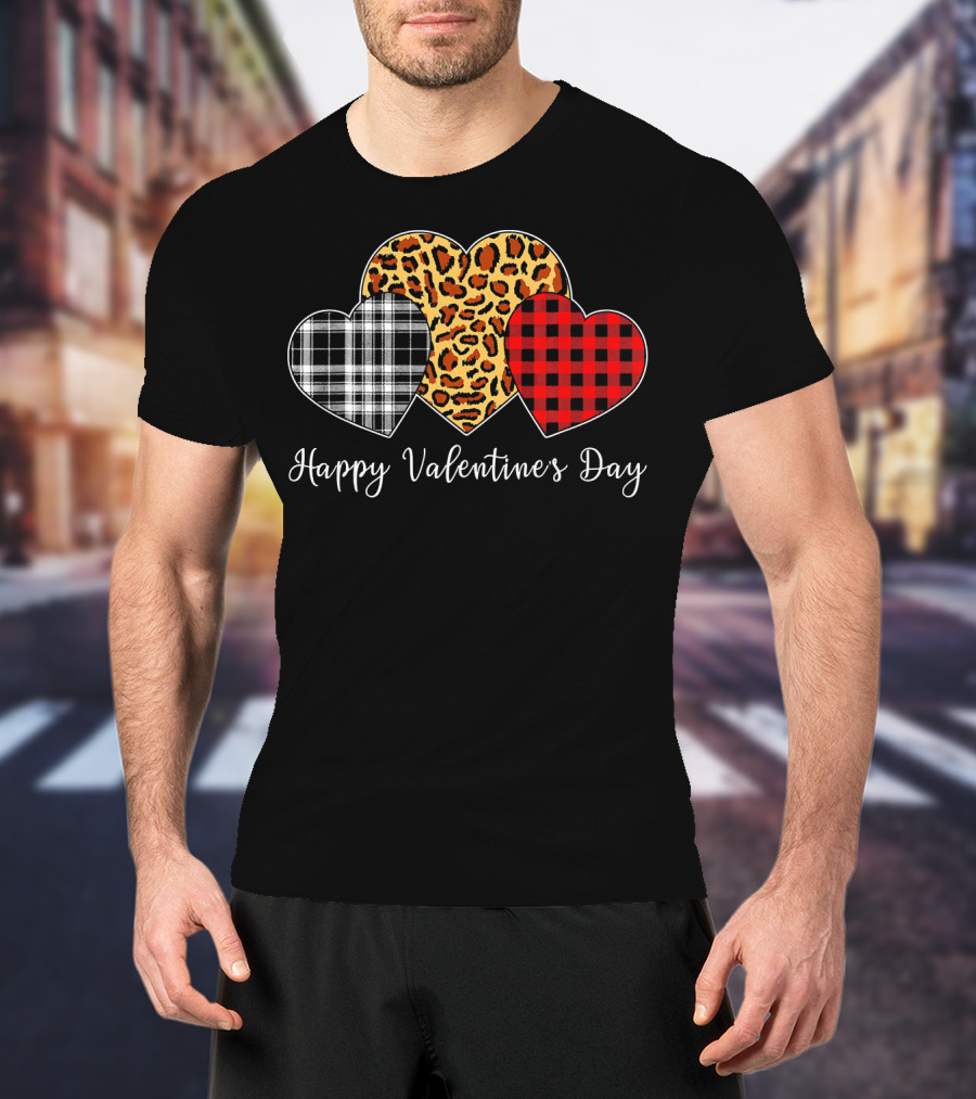 Happy Valentine's Day Three Hearts Leopard Buffalo Plaid T-Shirt