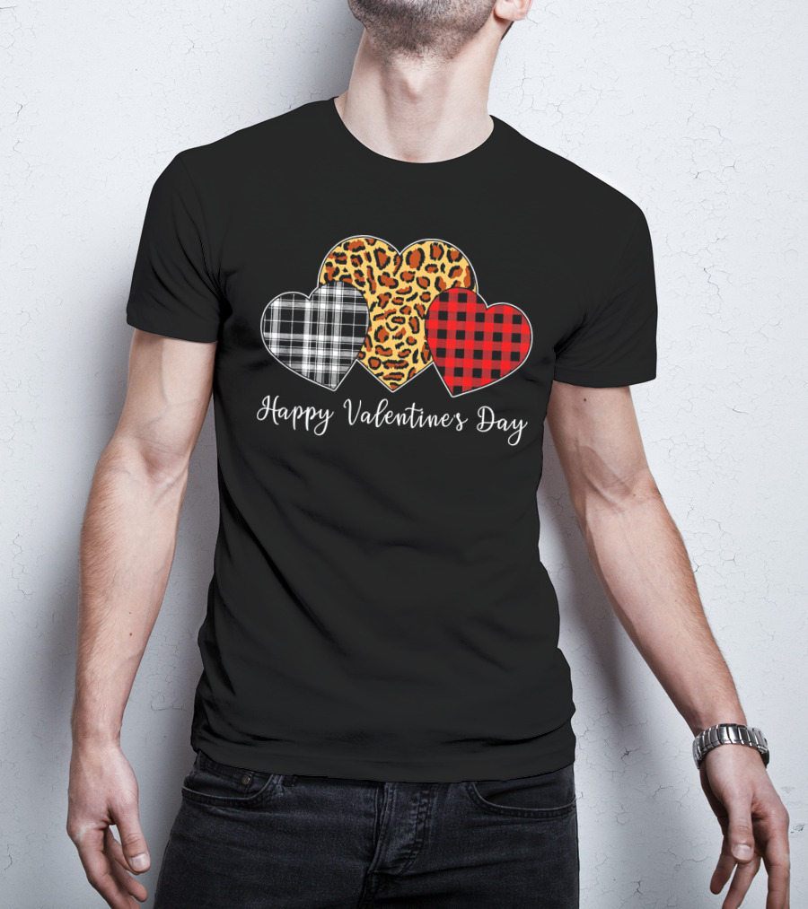 Happy Valentine's Day Three Hearts Leopard Buffalo Plaid T-Shirt