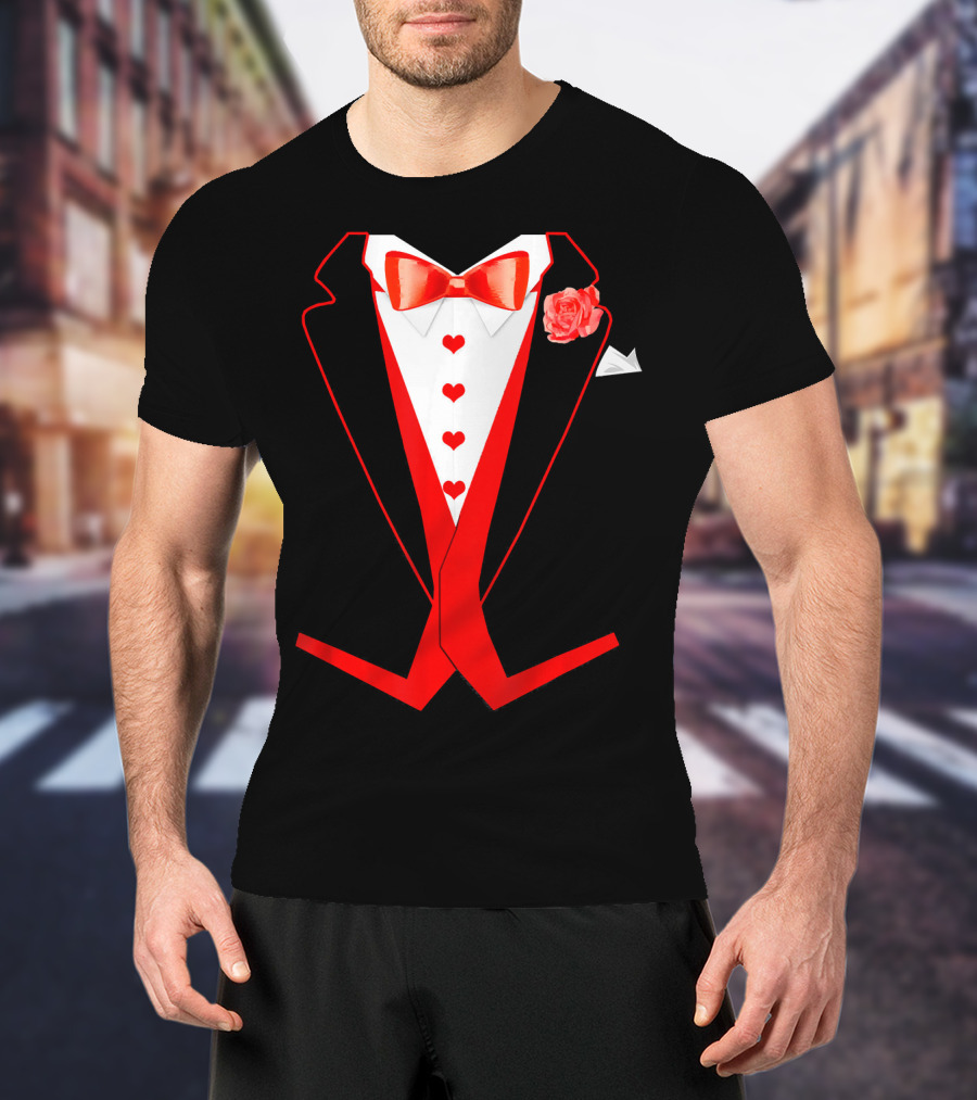 Tuxedo Red Hearts Cool Funny Valentines Bow Tie Rose T-Shirt