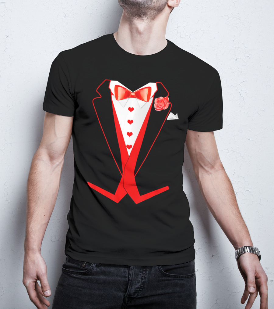 Tuxedo Red Hearts Cool Funny Valentines Bow Tie Rose T-Shirt