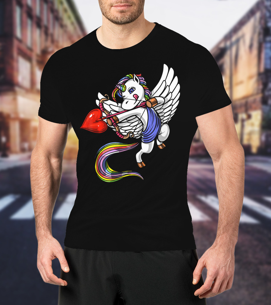 Unicorn Cupid Heart Valentines Day Rainbow Pegasus T-Shirt