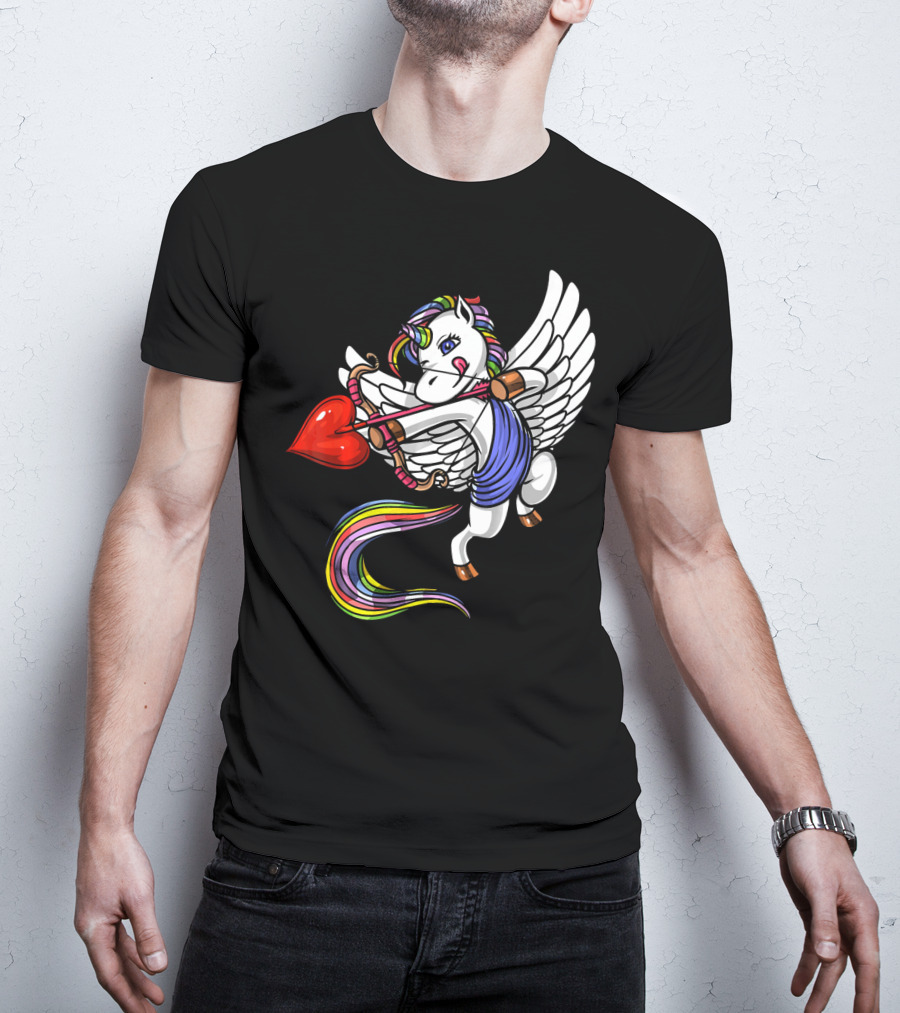 Unicorn Cupid Heart Valentines Day Rainbow Pegasus T-Shirt