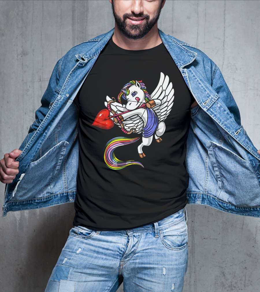 Unicorn Cupid Heart Valentines Day Rainbow Pegasus T-Shirt