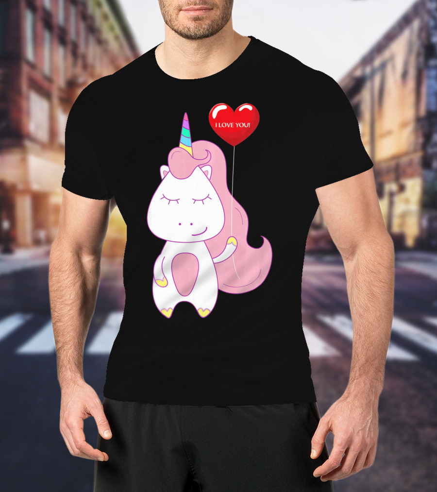 Unicorn Holding Heart Balloon With I Love You Message Valentine T-Shirt