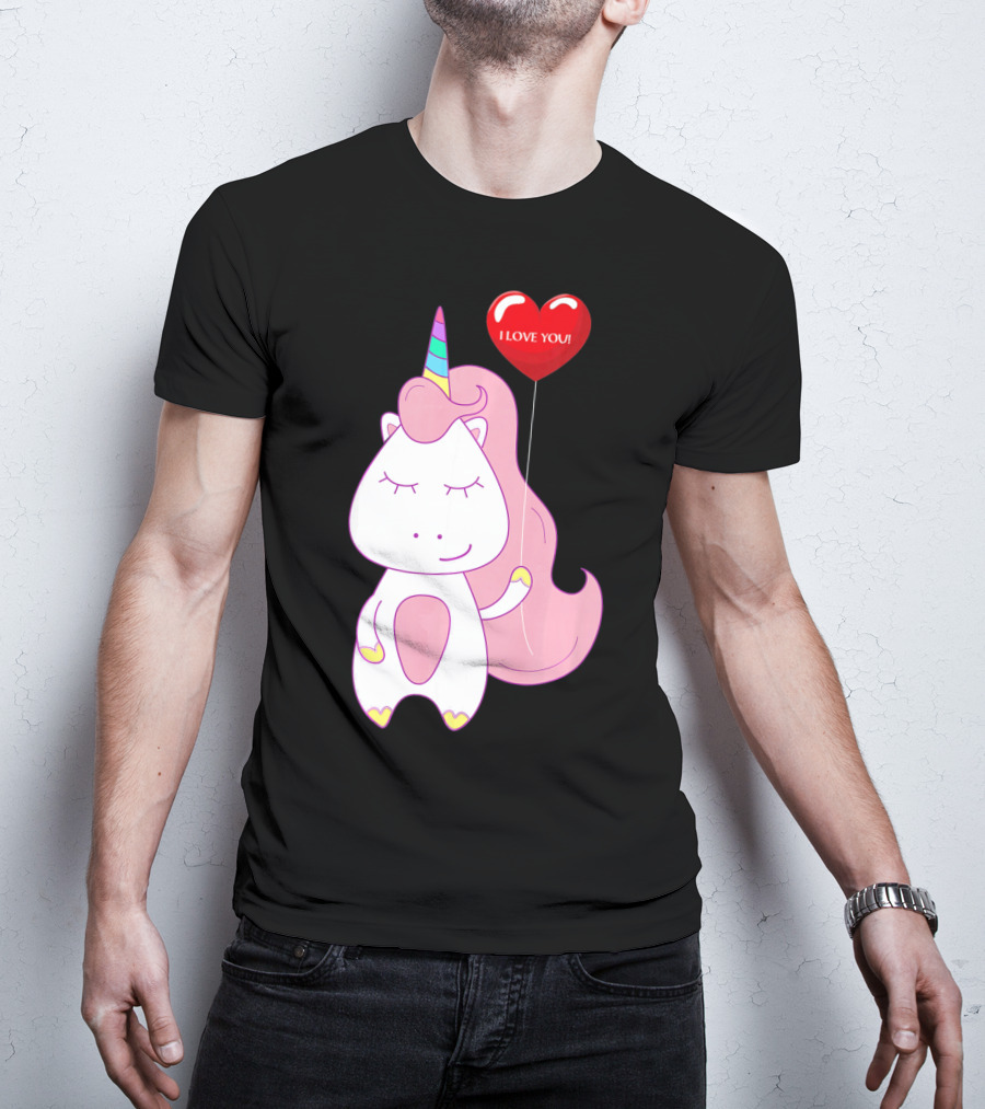 Unicorn Holding Heart Balloon With I Love You Message Valentine T-Shirt