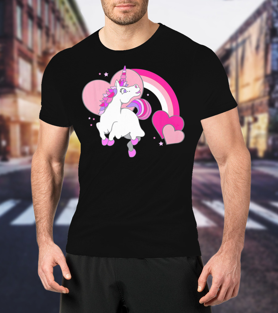 Unicorn Valentines Day Heart Rainbow Pink Stars T-Shirt