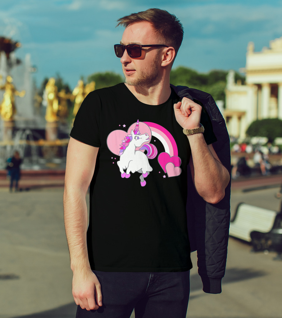 Unicorn Valentines Day Heart Rainbow Pink Stars T-Shirt