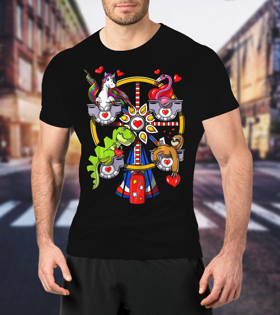 Unicorn Rex Dinosaur Sloth Flamingo Ferris Wheel Love Hearts T-Shirt