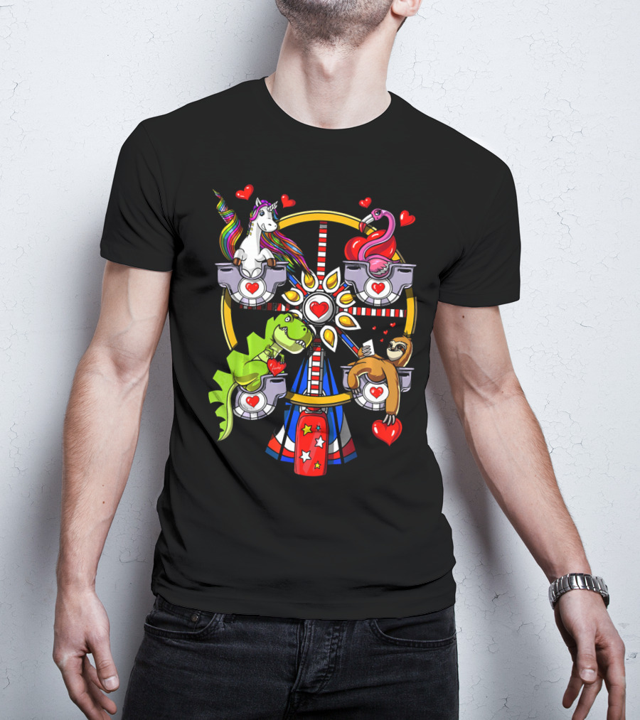 Unicorn Rex Dinosaur Sloth Flamingo Ferris Wheel Love Hearts T-Shirt