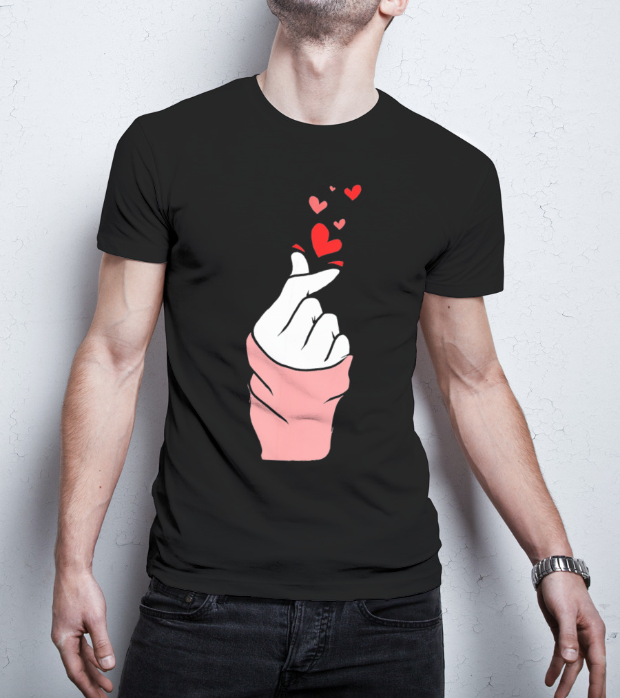 Korean Finger Heart Gesture With Floating Hearts For Valentine's Day T-Shirt