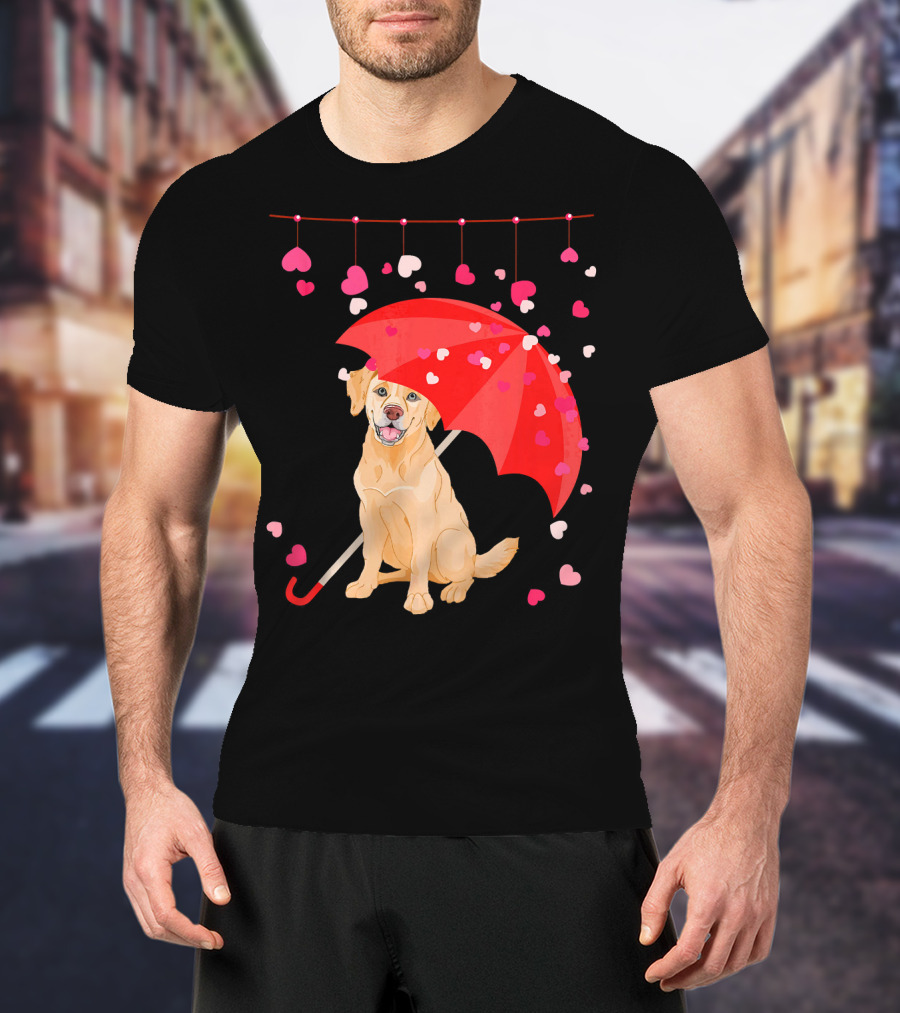 Labrador Retriever Under Umbrella With Falling Hearts Valentine's Day T-Shirt