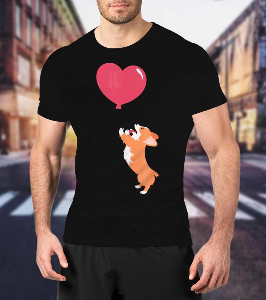 Little Corgi Puppy Dog Reaching For Red Heart Balloon T-Shirt
