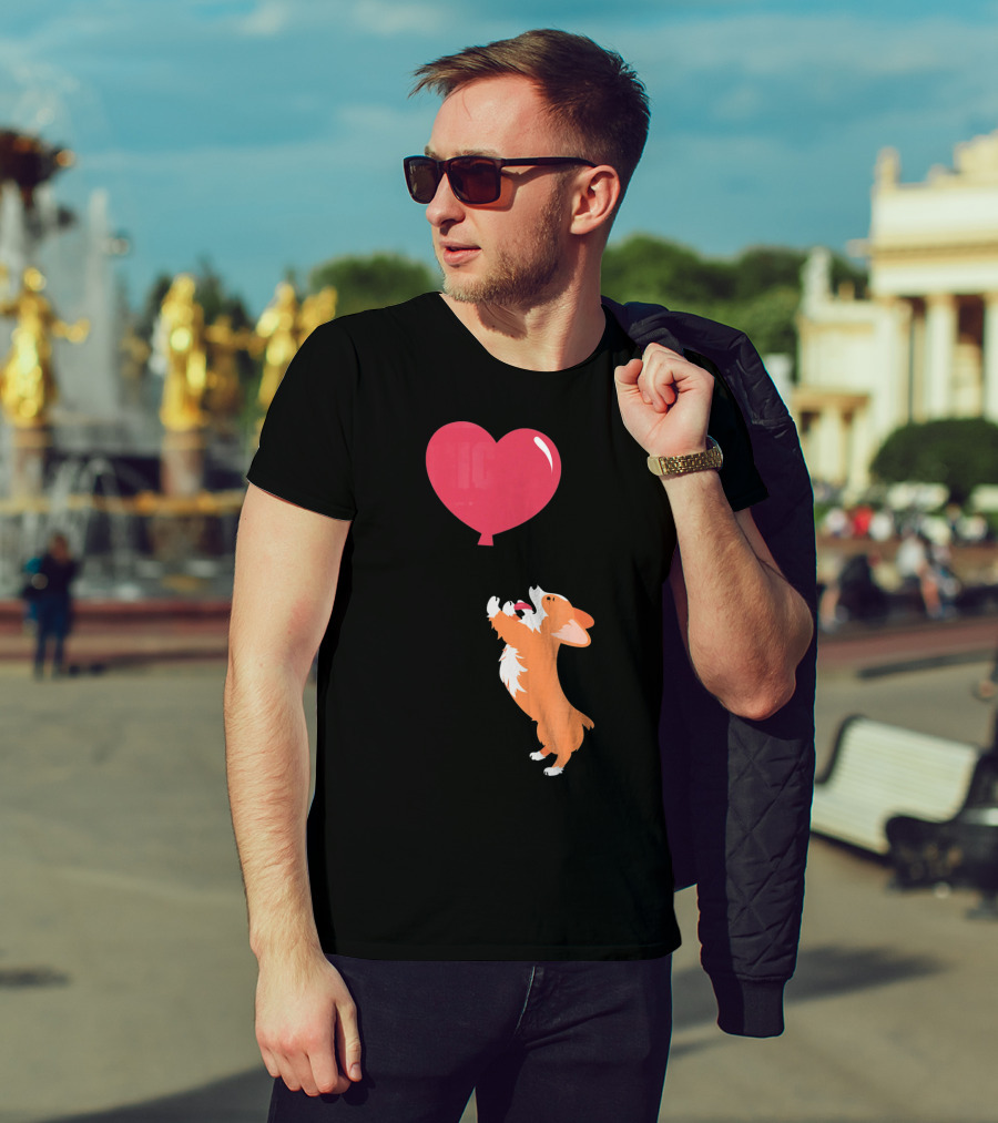 Little Corgi Puppy Dog Reaching For Red Heart Balloon T-Shirt