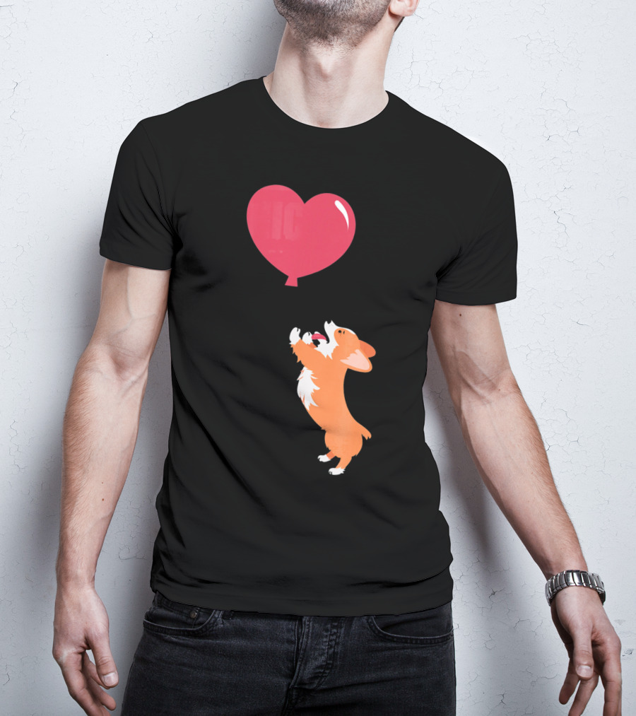 Little Corgi Puppy Dog Reaching For Red Heart Balloon T-Shirt