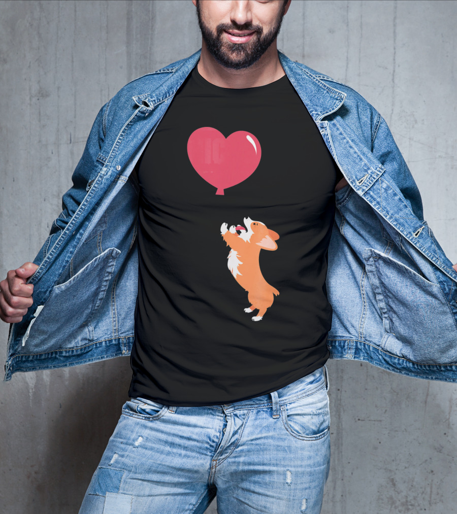 Little Corgi Puppy Dog Reaching For Red Heart Balloon T-Shirt