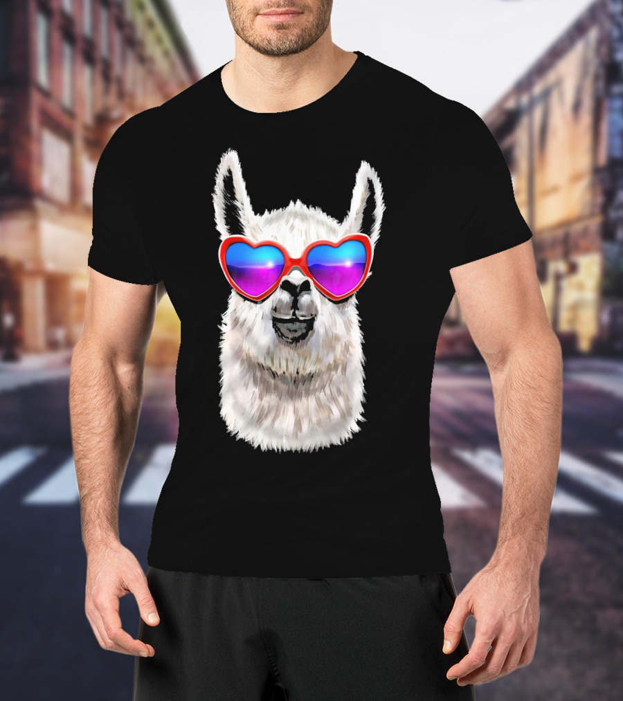 Llama Valentine's Day Heart Sunglasses Fashion T-Shirt
