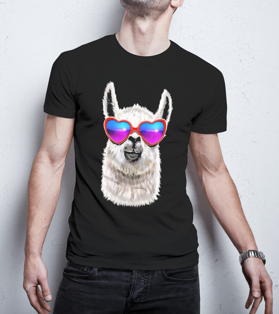 Llama Valentine's Day Heart Sunglasses Fashion T-Shirt