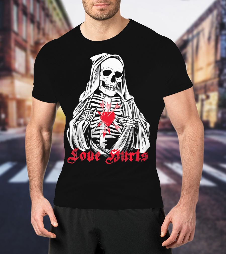 Love Hurts Grim Reaper Skull Heart Arrows Death T-Shirt