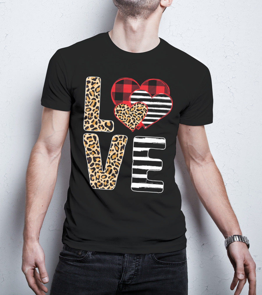Love Valentines Day Hearts Leopard Buffalo Plaid Stripe T-Shirt