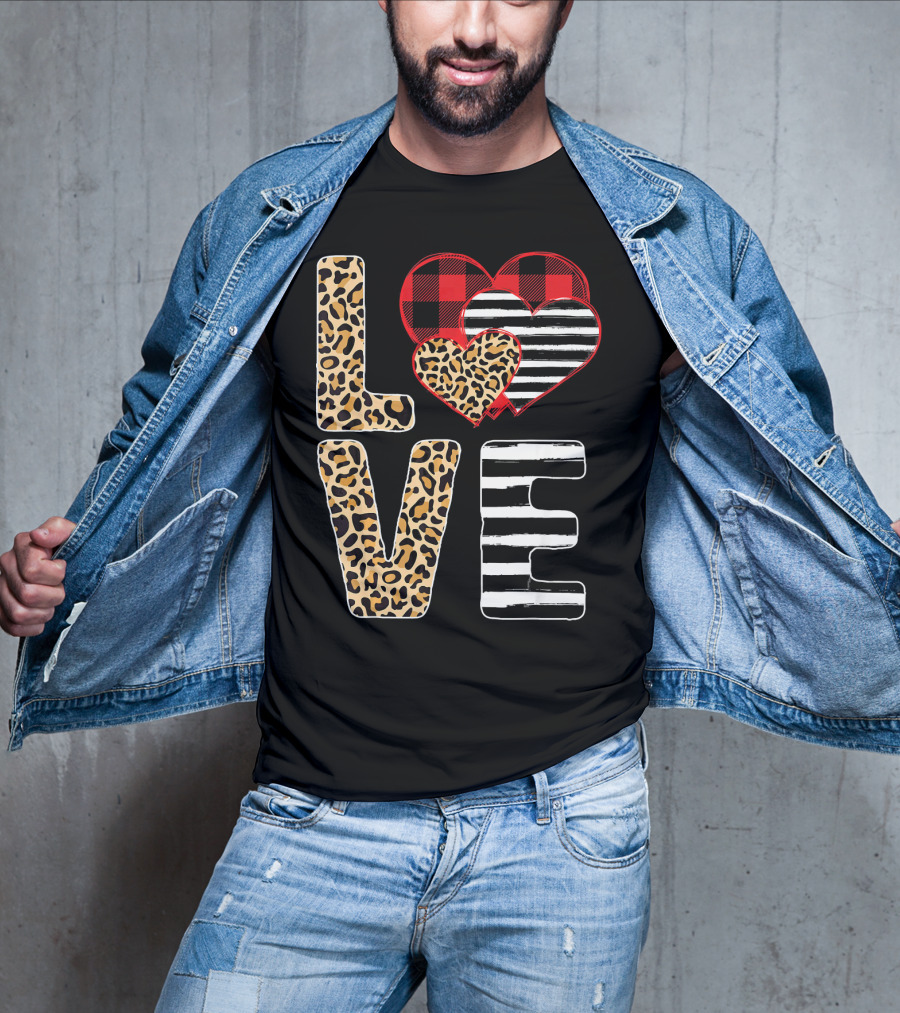 Love Valentines Day Hearts Leopard Buffalo Plaid Stripe T-Shirt