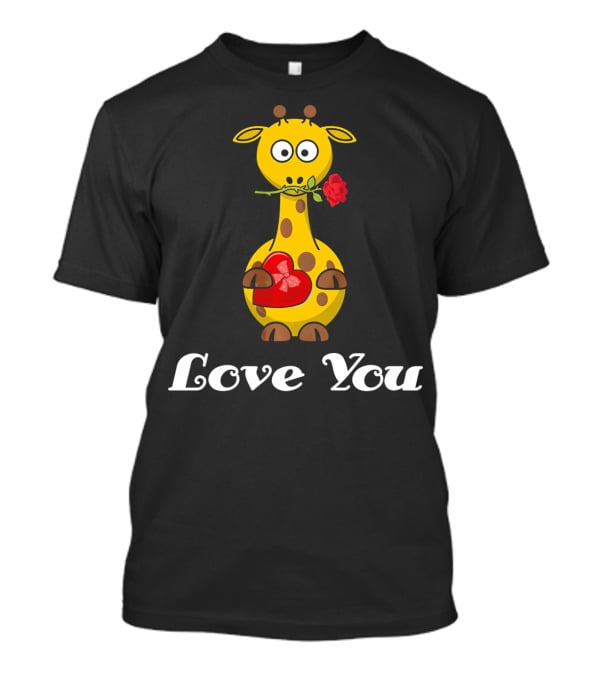 Love You Cute Giraffe Holding Rose And Heart Valentine T-Shirt