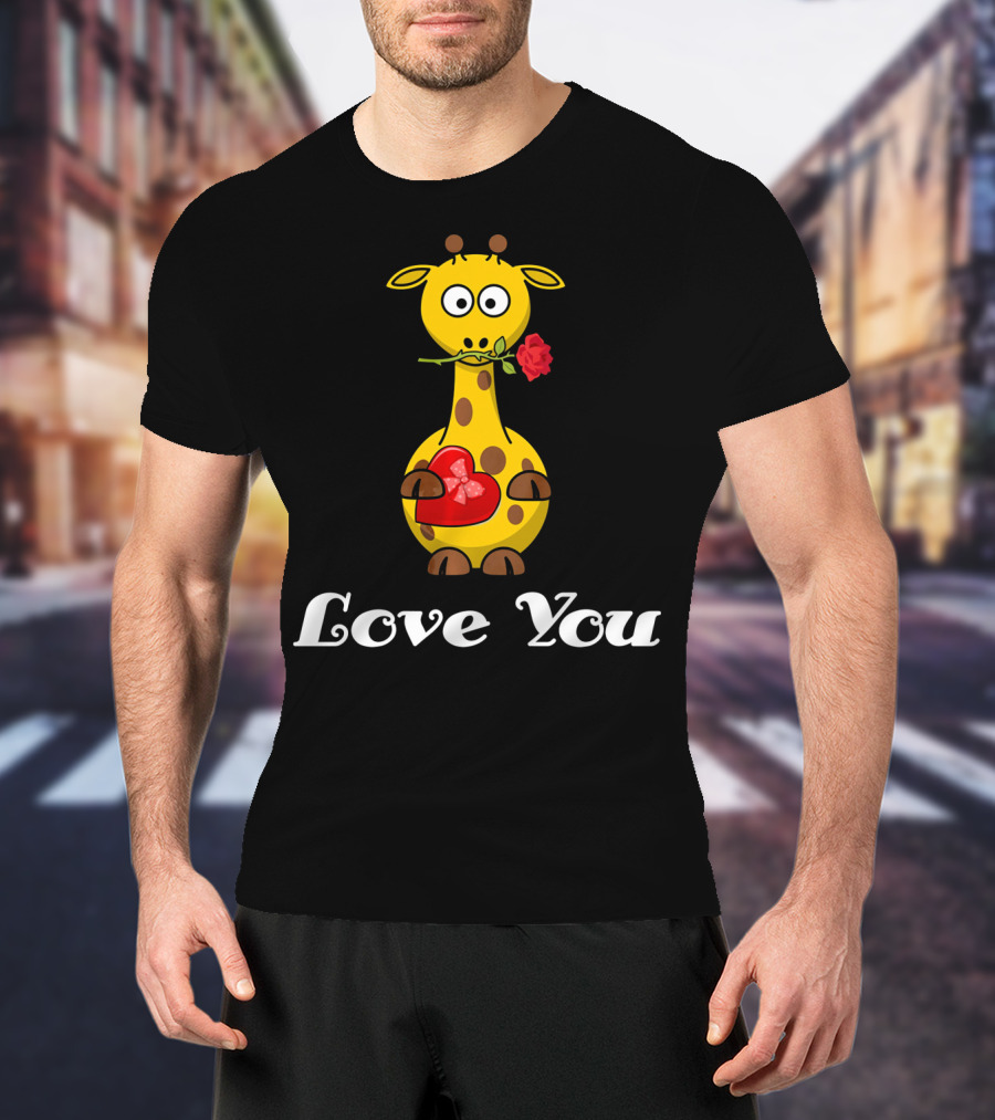Love You Cute Giraffe Holding Rose And Heart Valentine T-Shirt