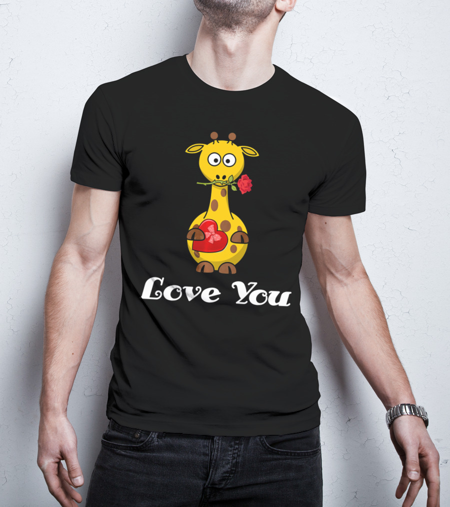 Love You Cute Giraffe Holding Rose And Heart Valentine T-Shirt
