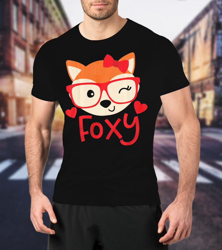 Foxy Cute Winking Fox With Glasses And Bow Valentine Hearts T-Shirt