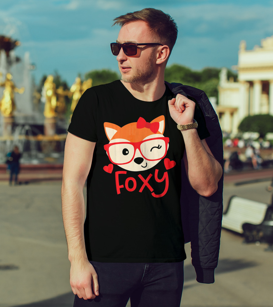 Foxy Cute Winking Fox With Glasses And Bow Valentine Hearts T-Shirt