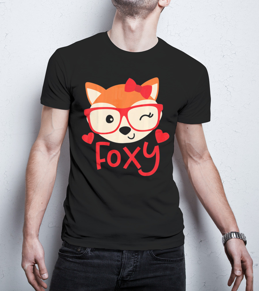 Foxy Cute Winking Fox With Glasses And Bow Valentine Hearts T-Shirt
