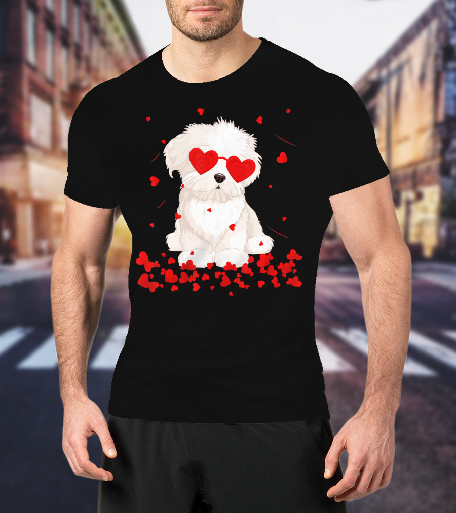 Maltese Dog With Heart Glasses Surrounded By Valentine Hearts T-Shirt