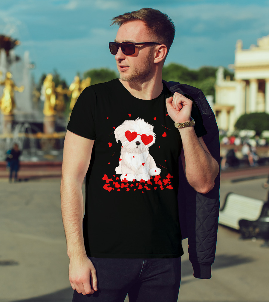 Maltese Dog With Heart Glasses Surrounded By Valentine Hearts T-Shirt