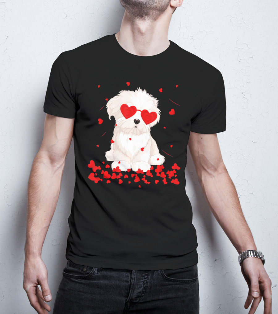 Maltese Dog With Heart Glasses Surrounded By Valentine Hearts T-Shirt