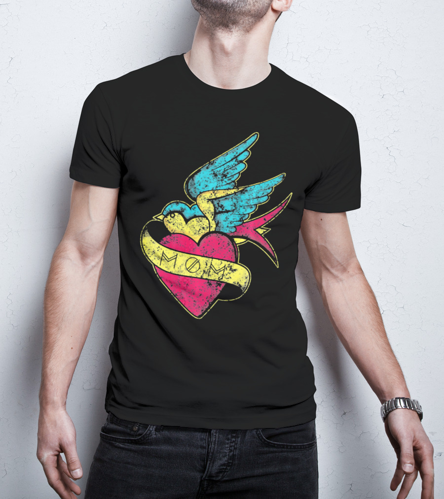 Mom Heart With Blue Bird Vintage Tattoo Valentines T-Shirt