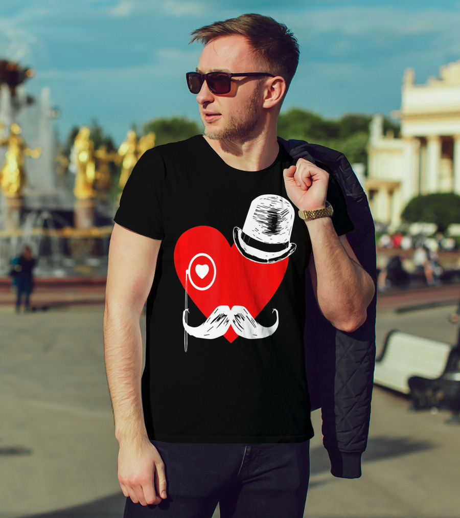 Heart Mustache Monocle Top Hat Valentines Day T-Shirt