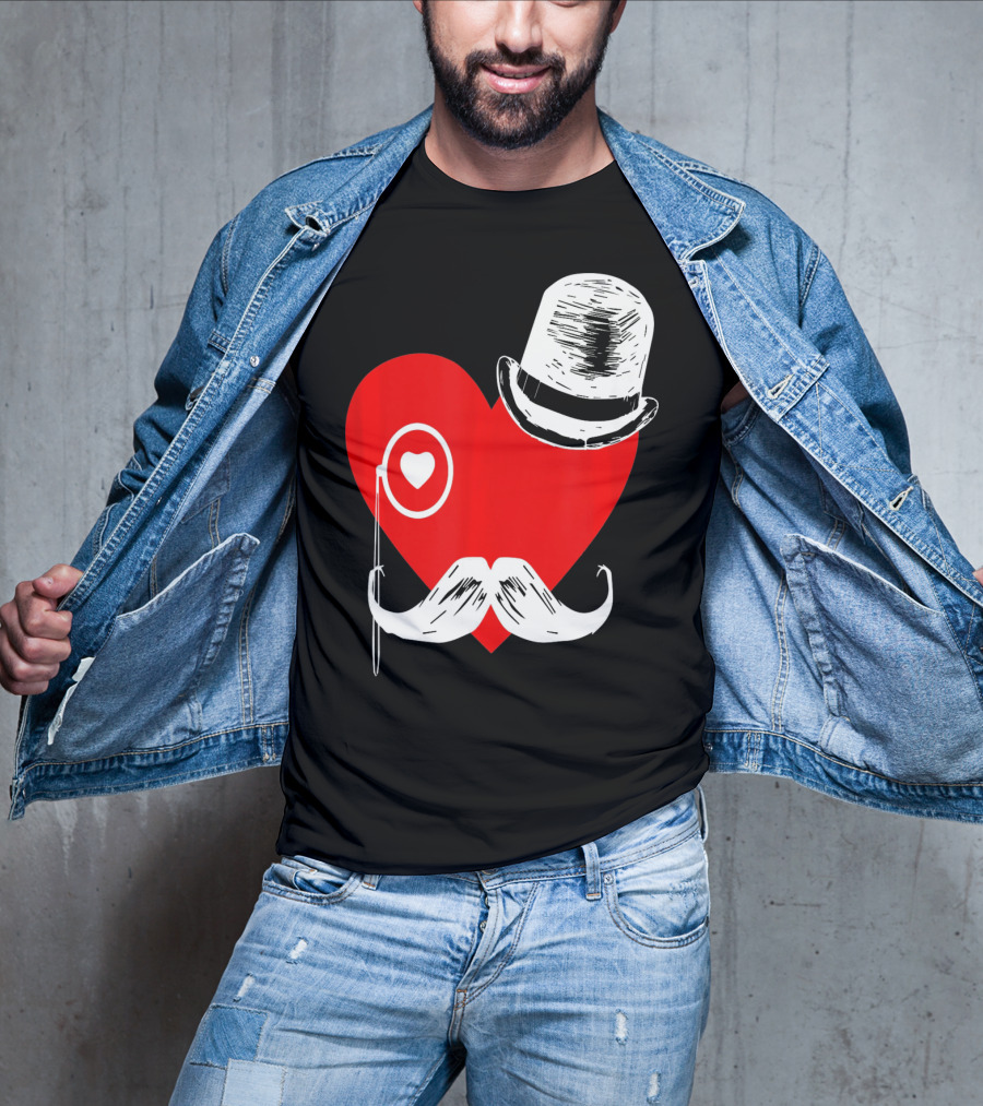 Heart Mustache Monocle Top Hat Valentines Day T-Shirt