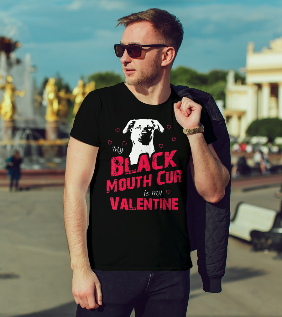 My Black Mouth Cur Is My Valentine Dog With Hearts T-Shirt