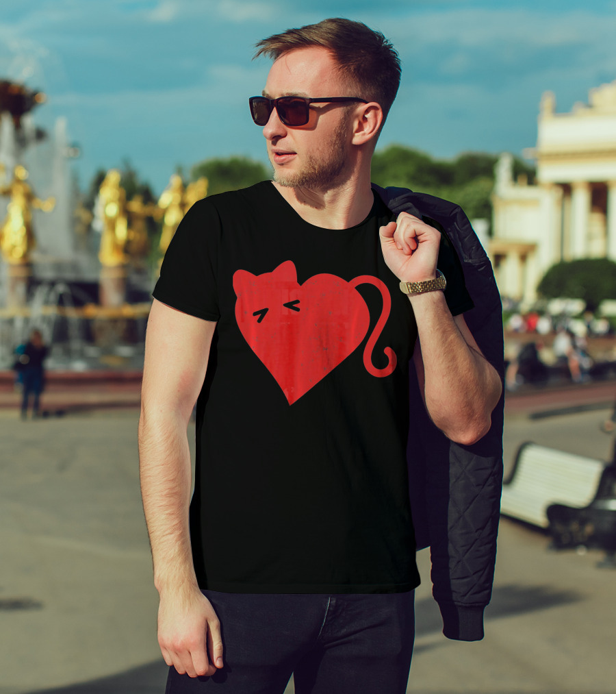 My Cat Is My Valentine Red Heart Distressed Cat Face Tail T-Shirt