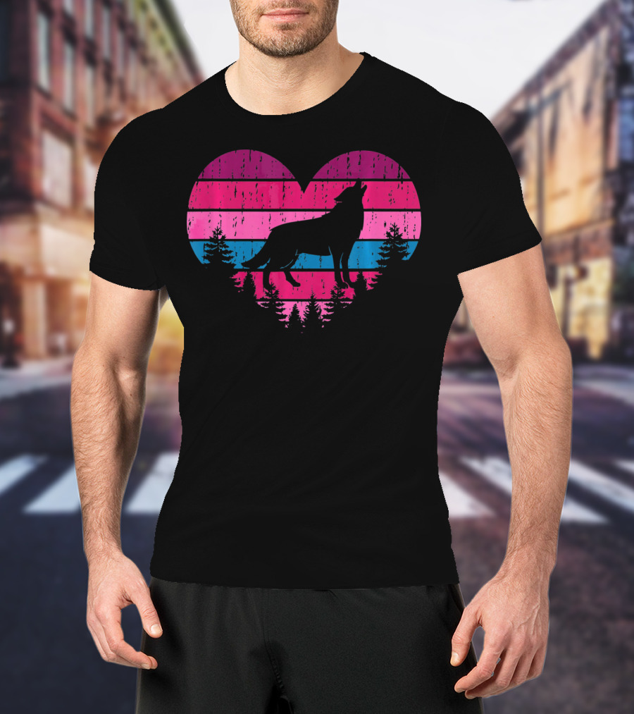 Wolf Girl Valentines Day Heart Silhouette With Howling Wolf And Forest Horizon T-Shirt
