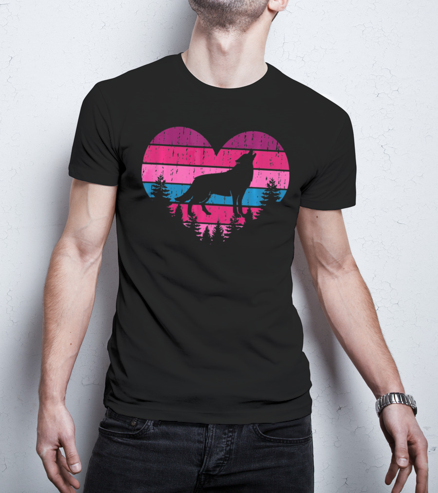 Wolf Girl Valentines Day Heart Silhouette With Howling Wolf And Forest Horizon T-Shirt