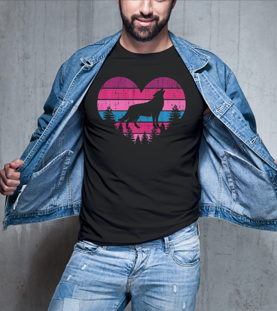 Wolf Girl Valentines Day Heart Silhouette With Howling Wolf And Forest Horizon T-Shirt