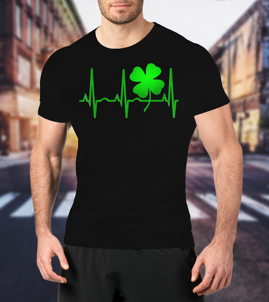 St Patricks Day Irish Shamrock Heartbeat EKG T-Shirt