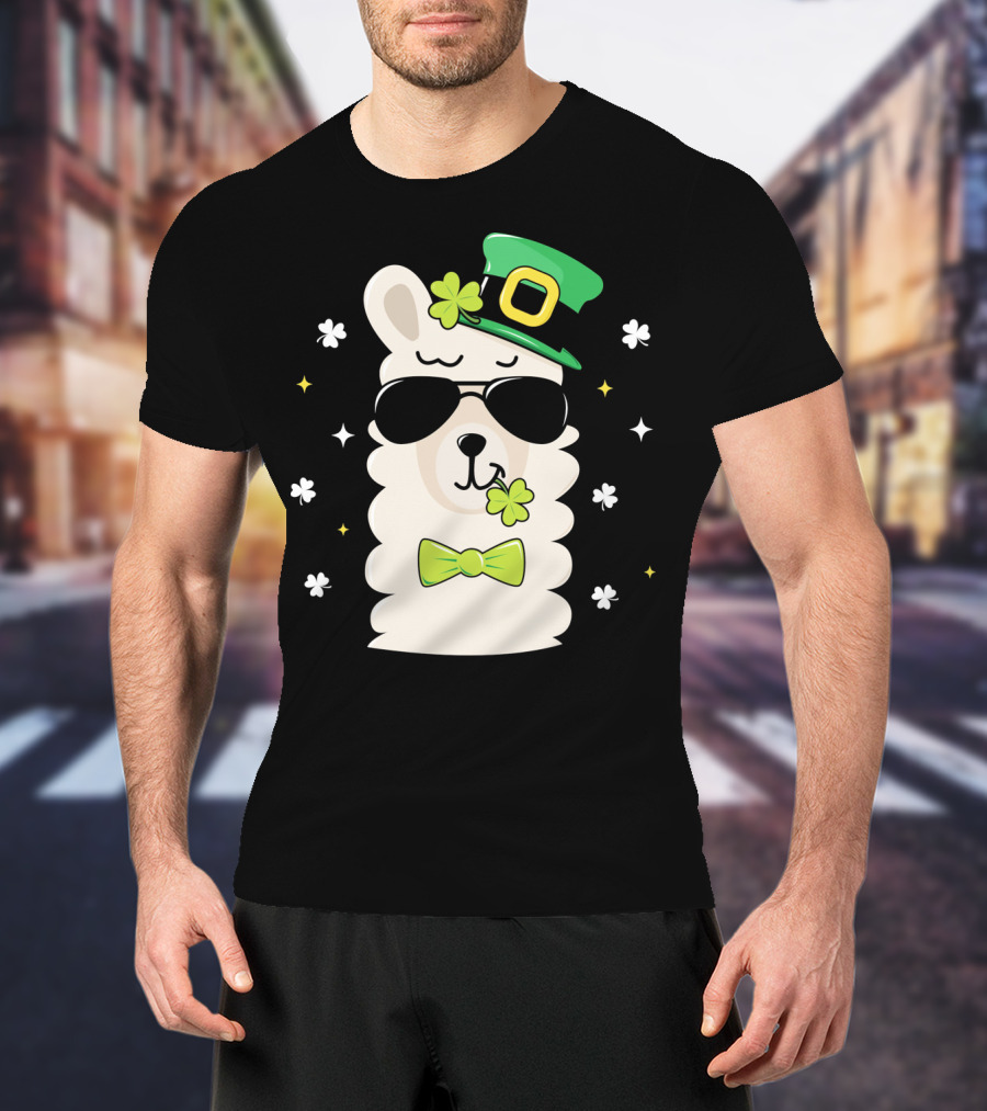 Llama Leprechaun Kids St Patricks Day Clover Hat Sunglasses Bow Tie T-Shirt