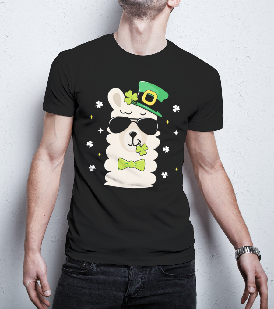 Llama Leprechaun Kids St Patricks Day Clover Hat Sunglasses Bow Tie T-Shirt