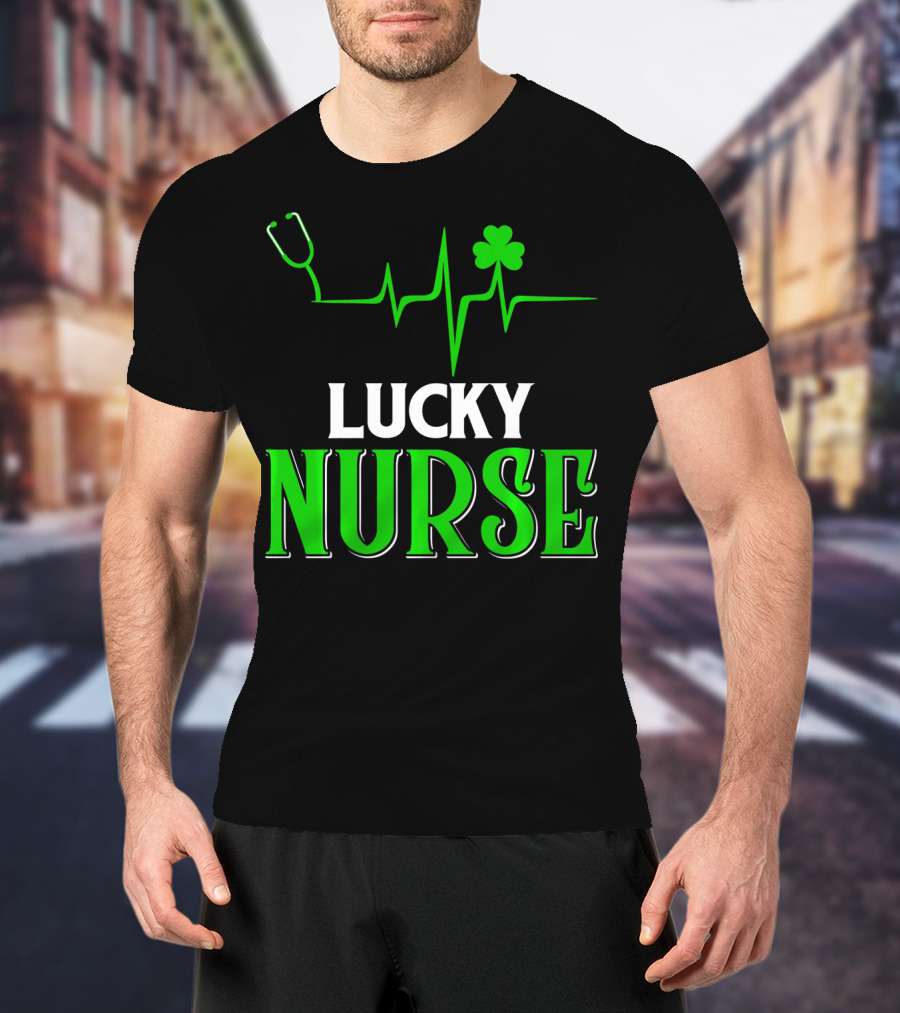 LUCKY NURSE Stethoscope Shamrock Heartbeat T-Shirt