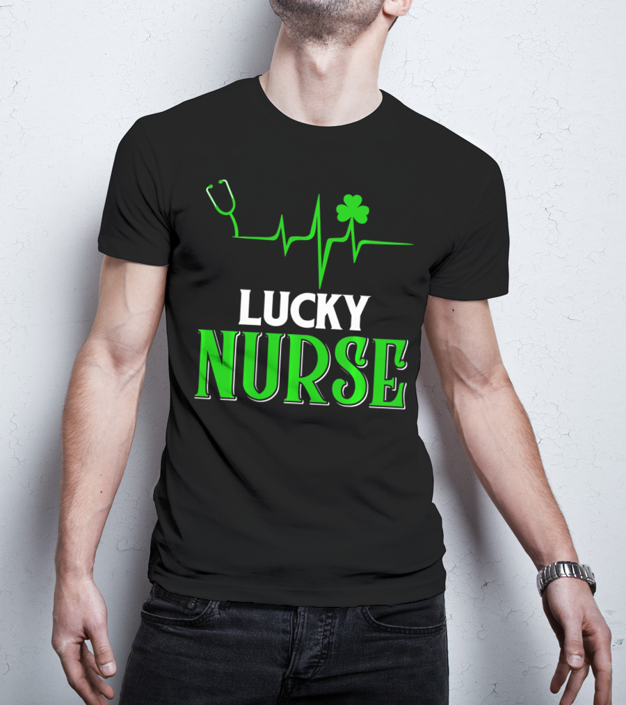 LUCKY NURSE Stethoscope Shamrock Heartbeat T-Shirt