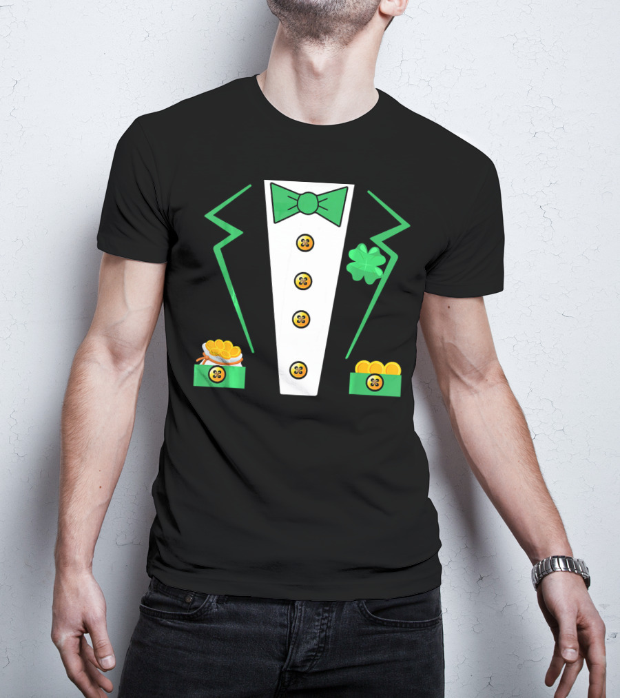 St. Patrick's Day Leprechaun Tuxedo With Shamrock And Coin Boxes T-Shirt